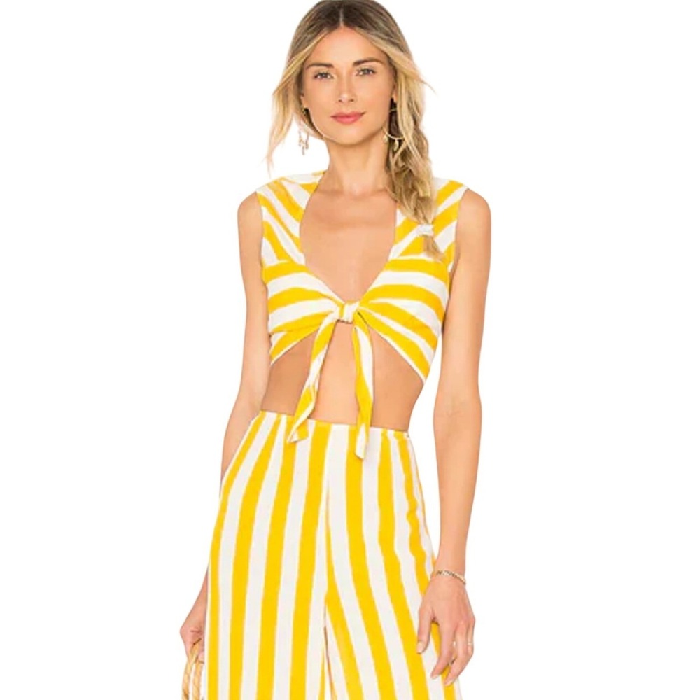 Beach Riot x Revolve Gia Yellow White Striped Tie Front Crop Top Sz Large